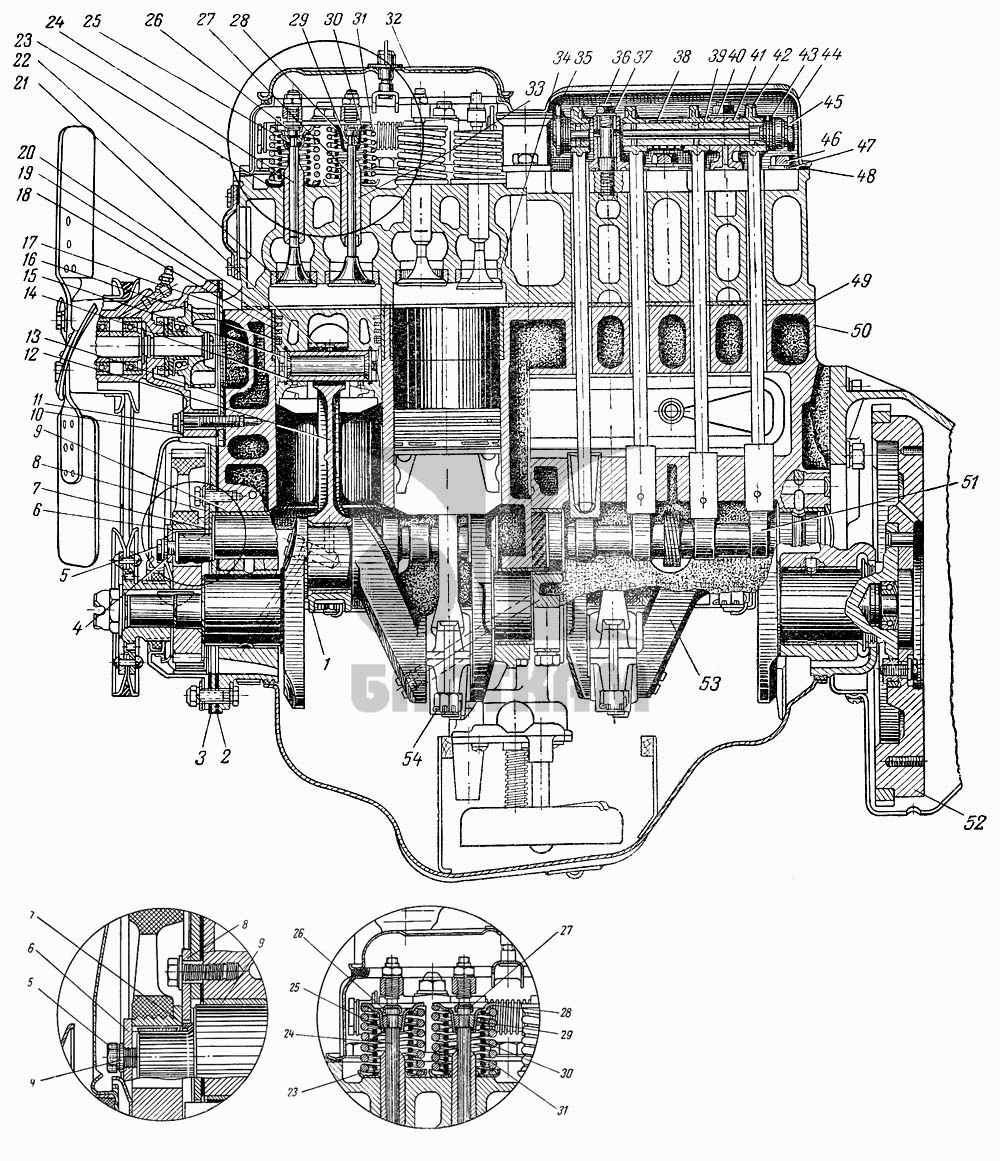 Engine of Moskvich-407 in longitudinal section
